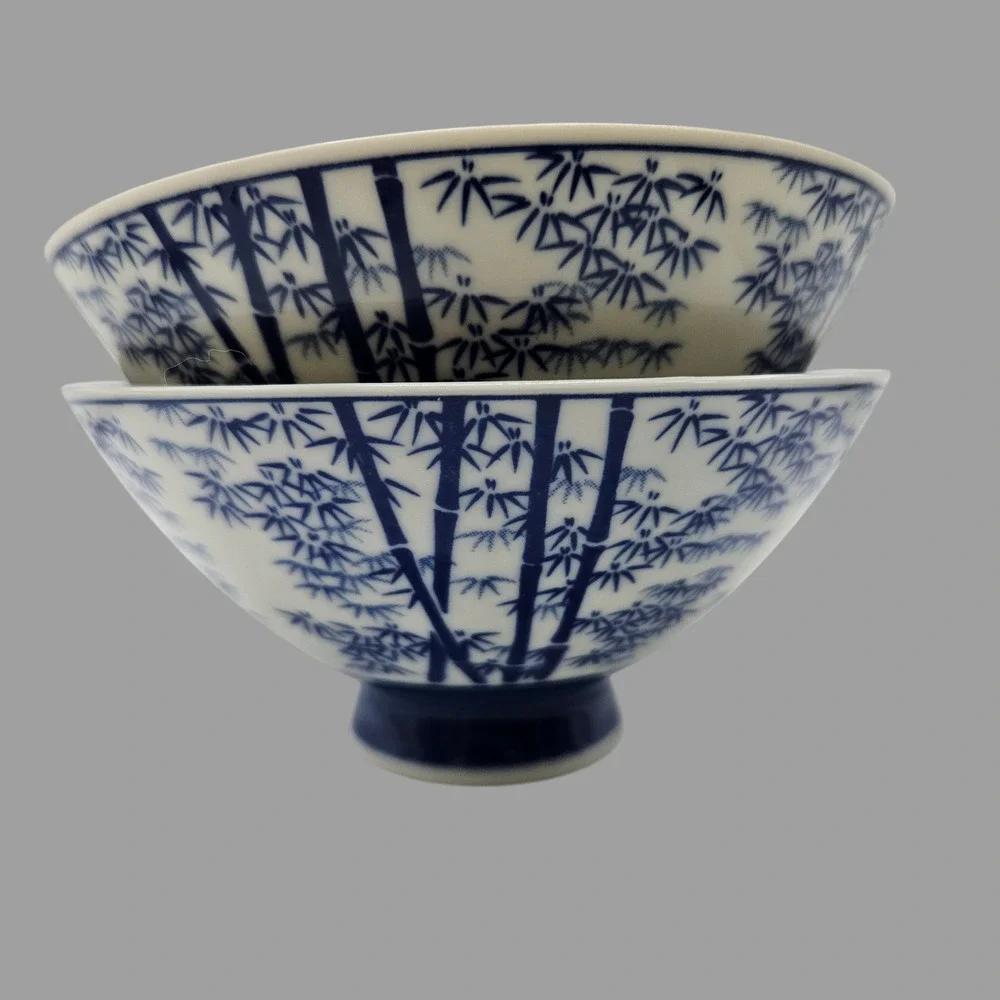 Set of 2 Blue & White Bamboo Porcelain Rice Soup Bowls Asian Style 4.75